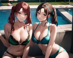 2girls ai_generated ai_mirror belly_button blue_eyes blue_underwear blush brown_hair grass green_eyes green_underwear long_hair looking_at_viewer medium_breasts ponytail pool poolside red_hair sitting smile twintails white_skin