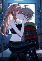 1boy1girl ai_generated bare_shoulders belt big_breasts black_pants black_strapless danganronpa danganronpa:_trigger_happy_havoc danganronpa_3 dark_room dominant_female femdom forced hand_on_another's_face hands_behind_back high_quality hypnosis kissing latex leather_pants leather_topwear midriff naegi_makoto nai_diffusion older_female ponytail red_eyes restrained rope sitting sitting_on_lap spiral_eyes stable_diffusion strapless submissive_male teacher yukizome_chisa