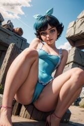 1girls ai_generated artist_request betty_rubble black_hair blue_eyes breasts cameltoe female female_only high_heels medium_breasts outdoors partially_clothed short_hair small_breasts spread_legs the_flintstones