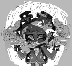 1girls 2023 7boys blowbang breasts cleavage cum dark-skinned_female fellatio female gangbang gray_background group group_sex handjob male marina_(splatoon) monochrome namnums octoling paizuri sex splatoon splatoon_2 stagbeetle sweat tentacle_hair tentaclejob titjob