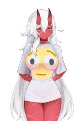 akumi breasts clothing female horns meme oni oni_horns red_skin scars topwear virtual_youtuber vyugen white_hair yellow_eyes yoclesh