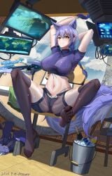 1girls 2023 arknights arms_up belly corporate_flying_shark feet feet_up hi_res kemonomimi legs_apart legs_up legwear light-skinned_female light_skin looking_at_viewer lying lying_on_back navel provence_(arknights) purple_eyes smile solo spread_legs sweater swimsuit swimwear thighhighs wolf_ears wolf_girl wolf_tail yellow_eyes