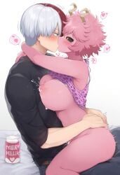 ai_generated blue_eyes blush bottle breasts clothed_sex colored_skin couple cum drejon dreson french_kiss heart highres horns kissing lactation milk_bottle mina_ashido my_hero_academia nipples non-web_source pink_hair pink_skin riding sitting sitting_on_person source_request todoroki_shouto white_background white_hair