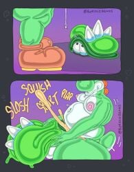 anthro bodily_fluids borzoibeans clothing cum dripping duo ejaculation footwear footwear_only genital_fluids grabbing_from_behind green_body green_shell green_skin hi_res hoppycat_(mario) male male/male male_only mario_(series) mostly_nude nintendo precum precum_drip shell shoes shoes_only spikes super_mario_bros._wonder yoshi