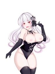 1girls big_breasts blush breasts breasts_out_of_clothes dekarous domina domina_(dekarous) exposed_breasts female gloves hora hora_(dekarous) panicking red_eyes standing thighs white_hair