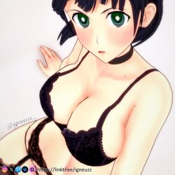 3d 3d_(artwork) black_hair blush breasts breath changing female hair_ornament hairclip igneuzz kirigaya_suguha large_breasts lingerie short_hair sword_art_online tagme underwear undressing