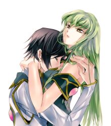 black_dress black_hair c.c. code_geass face_in_breasts fully_clothed green_hair holding lelouch_lamperouge meimi_k white_clothing yellow_eyes