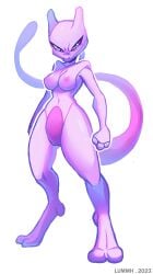 3_fingers absurd_res angry blue_eyes breasts chilllum female fingers fist generation_1_pokemon genitals hi_res legendary_pokemon looking_at_viewer mewtwo nintendo pink_body pokemon pokemon_(species) pussy rule_63 solo standing tail threatening