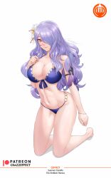 1girls alternate_costume bare_legs bare_shoulders barefoot bikini blue_bikini blue_swimsuit breasts camilla_(fire_emblem) camilla_(summer)_(fire_emblem) cleavage crazzeffect english_commentary female female female_only fire_emblem fire_emblem_fates fire_emblem_heroes flower hair_flower hair_ornament hair_over_one_eye highres kneeling large_breasts long_hair looking_at_viewer navel nintendo official_alternate_costume pink_eyes purple_hair simple_background solo stomach swimsuit thighs very_long_hair white_background white_flower