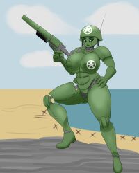 anthro armor army big_breasts blackbetty breasts female firearm gun headgear hi_res holding_object holding_weapon living_machine machine military nipples not_furry nude original_character ranged_weapon solo tank thick_thighs vehicle weapon