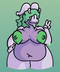 anthro female generation_6_pokemon gesture goodra green_hair green_nipples hair hi_res nintendo nipples obese obese_female overweight overweight_female pokemon pokemon_(species) purple_body purple_skin shedinjauser292 simple_background slime solo v_sign