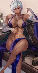 1girls abs absurd_res bra breasts brown_skin dark-skinned_female dark_skin female female_only hi_res huge_breasts indoors loooyd midriff naughty_face navel original original_character red_eyes short_hair thick_thighs white_hair