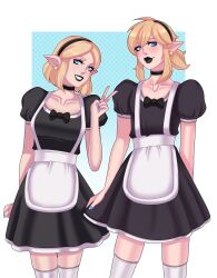 1boy 1girls apron black_lipstick blonde_hair blue_eyes breasts breath_of_the_wild choker crossdressing earrings femboy goth link lipstick looking_at_viewer maid maid_apron maid_headdress maid_uniform medium_breasts nintendo painted_fingernails princess_zelda short_hair tears_of_the_kingdom the_legend_of_zelda thighhighs tulipsie v zelda_(tears_of_the_kingdom)