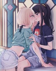 2girls after_kiss ass bikini bikini_under_clothes black_eyes black_hair black_shirt blonde_hair blush bracelets breasts clothed clothing denim denim_shorts female female/female female_only fully_clothed futaba_(rei-futaba) girl_on_girl green_tank_top inoue_takina kissing lesbian light-skinned_female light_skin lycoris_recoil nishikigi_chisato overalls painted_fingernails ponytail red_eyes saliva saliva_trail shirt short_hair short_shorts shorts side-tie_bikini side-tie_swimsuit sitting small_breasts stained_glass_window swimsuit swimsuit_under_clothes tank_top white_shorts window_sill yuri