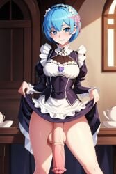 1futa ai_generated big_penis blue_eyes blue_hair blush bottomless futa_only futanari gamarjobson horse_penis horsecock horsecock_futanari human human_with_animal_genitalia human_with_horsecock lifted_by_self lifting_skirt maid maid_headdress maid_uniform no_panties penis penis_out re:zero_kara_hajimeru_isekai_seikatsu rem_(re:zero) short_hair skirt_lift smile uncensored