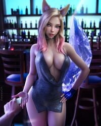 1girls 3d ahri areola_slip artist_name big_breasts bimbo blonde_hair blue_eyes breasts choker crystal_tail female fingerless_glove fox_ears fox_girl hooker k/da_ahri k/da_series kitsune league_of_legends lips_parted looking_at_viewer money pink_highlights prostitution riot_games skimpy_clothes skimpy_dress solo therealzoh two_tone_hair whisker_markings zoh