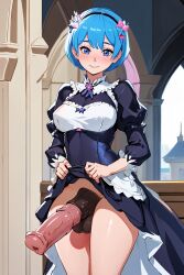 1futa ai_generated big_penis blue_eyes blue_hair blush bottomless futa_only futanari gamarjobson horse_penis horsecock horsecock_futanari human_with_animal_genitalia human_with_horsecock lifted_by_self lifting_skirt maid maid_headdress maid_uniform no_panties penis penis_out re:zero_kara_hajimeru_isekai_seikatsu rem_(re:zero) short_hair skirt_lift uncensored