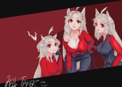 3girls cerberus_(helltaker) daran9 demon demon_tail dog_ears female female_only helltaker red_eyes tagme white_hair