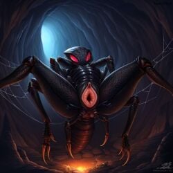 1girls ai_generated antennae_(anatomy) arachnid arthropod cave claws darkeffect female female_only fire gaping gaping_pussy glowing_eyes insectophilia insects multi_arm multi_limb pussy spider spider_web