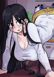 big_breasts black_hair blush breasts clothed clothing cute_face dashi_art female female_focus female_only ghost_girl horror huge_breasts long_hair movie_reference open_mouth spongebob_reference spongebob_tv the_ring tv tv_screen very_long_hair yamamura_sadako