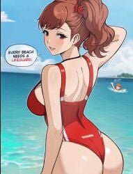 2girls ai_assisted ai_generated alternate_costume ass ass_focus beach big_ass breasts brown_hair curvy female female_only female_protagonist_(persona_3) highres kotone_shiomi large_ass large_breasts lepypepy lifeguard_swimsuit long_hair looking_back megami_tensei minako_arisato peril persona persona_3 persona_3_portable red_eyes slim_waist swimsuit thick_thighs thighs voluptuous water wide_hips yukari_takeba