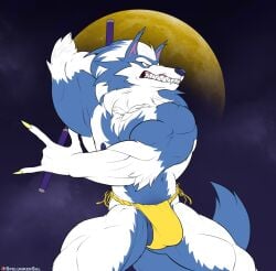 anthro balls bara barazoku blue_fur bulge canine capcom darkstalkers fundoshi furry jon_talbain male male_only muscles muscular muscular_male nunchaku penis solo solo_male spelunker_sal underwear werewolf wolf