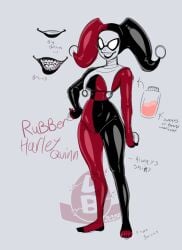 batman_(series) bodysuit braces clown clown_girl dc dc_comics diceyboi drone female_focus harley_quinn harley_quinn_(classic) jester latex latex_bodysuit latex_drone latex_skin latex_suit naked_female rubber rubber_suit self_upload shiny_skin sketch thick_thighs