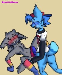 2boys anthro bad_anatomy blue_blush blue_fur blue_penis blushing boyfriend_(friday_night_funkin) canelitabunny cat_ears cat_tail feline femboy femboy_socks femboyfriend friday_night_funkin friday_night_funkin_mod gay gray_fur kapi_(paperkitty) light_blue_fur lynx lynx_ears lynx_tail pansexual pansexual_pride_colors red_penis socks