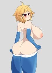 blonde_hair blue_bra blue_gloves blue_legwear exposed_ass exposed_breasts large_ass large_breasts long_gloves original_character phasmomo