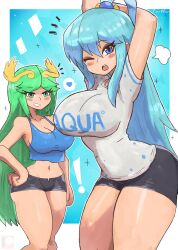 2girls aqua_(konosuba) big_breasts blue_eyes blue_hair breasts crossover female female_only goddess green_eyes green_hair kid_icarus kono_subarashii_sekai_ni_shukufuku_wo! large_breasts nintendo palutena thick_thighs thighs tony_welt