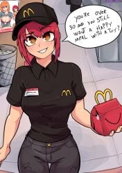 bikini_top breasts chainsaw_man clothed clothing dashi_art english_text female female_focus female_only makima_(chainsaw_man) mcdonald's meme mom_(japanese_mcdonald's_commercial) poster red_hair ronald_mcdonald skinny_girl smile smiling smiling_at_viewer text text_bubble uniform work_uniform working yoru_mac