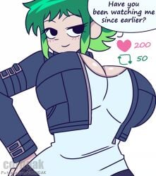 big_breasts blush breasts corngak dialogue dialogue_box green_hair huge_breasts jacket looking_at_viewer ramona_flowers scott_pilgrim scott_pilgrim_takes_off shirt short_hair text twitter twitter_strip_game_(meme)