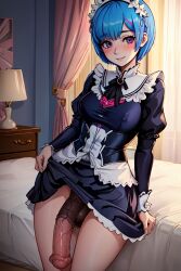 1futa ai_generated bed big_penis blue_hair blush bottomless futa_only futanari gamarjobson horse_penis horsecock horsecock_futanari human_with_animal_genitalia human_with_horsecock lifted_by_self lifting_skirt maid maid_headdress maid_uniform on_bed penis penis_out purple_eyes re:zero_kara_hajimeru_isekai_seikatsu rem_(re:zero) short_hair skirt_lift uncensored