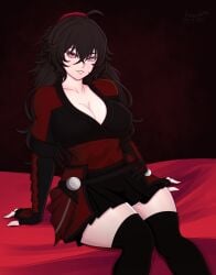 1girls bed bedroom_eyes black_hair female_only furniture hourglass_figure long_hair raven_branwen red_eyes rooster_teeth rosewald1929 rwby seductive seductive_eyes seductive_look seductive_pose seductive_smile smile smiling smiling_at_viewer solo solo_female tagme thick_thighs wide_hips