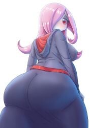 1girls alternate_version_available ass ass_focus back back_view backboob big_ass blush breasts clothing dat_ass dress female female_only hair_over_one_eye half-closed_eyes hassylep huge_ass large_ass little_witch_academia long_hair pink_hair red_eyes solo solo_female sucy_manbavaran