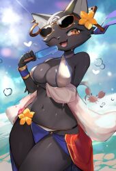 1girls 2023 big_breasts black_body black_fur blush blush_lines breasts bubbles cheek_tuft crab cute cute_fangs ear_piercing egyptian_clothes eyelashes fangs female female_only flower_in_hair furry furry_only heart looking_at_viewer navel ocean one_eye_closed open_mouth orange_eyes popsicle sea seaside sunglasses sunglasses_on_head sweat tarahe teeth tongue wholesome yoru_vida