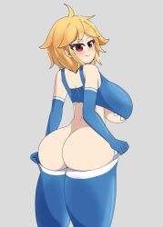 blonde_hair blue_bra blue_gloves blue_legwear exposed_ass large_ass large_breasts long_gloves original_character phasmomo