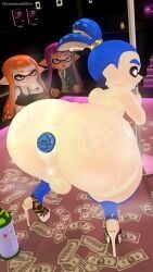 1boy 2girls 3d 3d_(artwork) ahe_gao anal anus ass balls ballsack blue_eyes blue_hair butt_crack buttplug fat_ass femboy gay girly heels inkling inkling_boy inkling_girl john_(splatoon) kaori_(splatoon) leviantan581re logo_buttplug male_focus plump plump_ass pole small_penis source_filmmaker splatoon stockings super_smash_bros._ultimate thick_ass thick_thighs white_body wide_hips