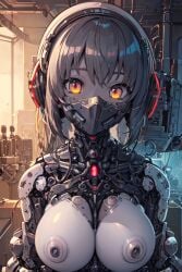 ai_generated big_breasts breasts futuristic glowing_eyes headphones mask neon_lights orange_eyes original original_character ponceai red_light robot robot_girl robot_humanoid robotic_arm short_hair simple_background yellow_eyes