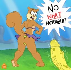 anthro ass biped bottomwear breasts brown_body brown_fur clothed clothing dialogue female fur genitals male mammal nickelodeon penis profannytea rodent sandy_cheeks sciurid sea_sponge skirt spongebob_squarepants spongebob_squarepants_(character) standing tree_squirrel vein veiny_penis