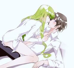 bare_legs black_hair c.c. exposed_legs female female_on_top green_hair imminent_sex lelouch_lamperouge male male_on_bottom meimi_k partially_clothed white_shirt yellow_eyes