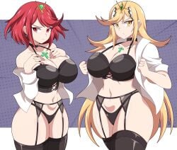 1girls 2girls abysswatchers bangs blonde_hair breasts cleavage commission core_crystal embarrassed female gold_eyes hi_res hips huge_breasts large_breasts light-skinned_female light_skin long_blonde_hair long_hair mythra nintendo panties pyra red_eyes red_hair short_hair short_red_hair skindentation swept_bangs thick_thighs thighhighs thighs wide_hips xenoblade_(series) xenoblade_chronicles_2