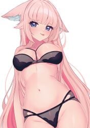 1girls animal_ears belly_button big_breasts black_bra black_panties blue_eyes blunt_bangs blush bra breasts cleavage eyebrows_visible_through_hair female female_only fox_ears fox_girl indie_virtual_youtuber inviting kemonomimi kitsunemimi light-skinned_female light_skin lingerie panties pink_hair seductive shee_kiyomi sheekiart simple_background solo teasing tongue underwear virtual_youtuber white_background