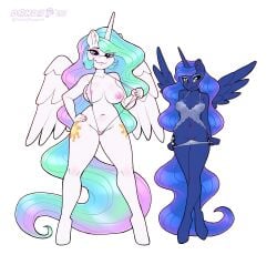 absurd_res alicorn anthro anthrofied babydoll big_breasts bikini blush breasts clothed clothing dandy_(artist) duo equid equine female friendship_is_magic genitals hasbro hi_res horn lingerie mammal medium_breasts my_little_pony negligee nightgown panties panties_down partially_clothed princess_celestia_(mlp) princess_luna_(mlp) pussy see-through see-through_clothing sibling sister sisters sling_bikini small_breasts swimsuit swimwear underwear underwear_down wings