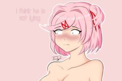 1female 1girls artist_name background bare_shoulders blush blush_lines blushing breasts collarbone doki_doki_literature_club english_text hair_intakes natsuki_(doki_doki_literature_club) pink_background pink_eyes pink_hair simple_background text thefishart thought