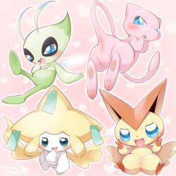 2023 antennae_(anatomy) anthro anus ass bedroom_eyes big_head blue_eyes blush celebi cotora cute cute_fangs dipstick_antennae double_v_sign eye_markings female flat_chested generation_1_pokemon generation_2_pokemon generation_3_pokemon generation_5_pokemon genitals gesture green_sclera group hand_to_mouth heart hi_res humanoid jirachi legendary_pokemon long_tail looking_at_viewer markings mew mew_(pokemon) multicolored_antennae narrowed_eyes naughty_face nintendo nude open_mouth open_smile outline pink_background plantigrade pokemon pokemon_(species) presenting presenting_anus presenting_hindquarters presenting_pussy pseudo_clothing pussy raised_leg seductive simple_background smile tail tail_anus take_your_pick thin_slit v_sign victini white_outline