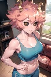 ai_generated aiposter from_above gym_uniform horn light_smile mina_ashido muscular my_hero_academia pink_hair sweatpants tank_top yellow_eyes