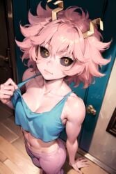 ai_generated aiposter from_above gym_uniform horn light_smile mina_ashido muscular my_hero_academia pink_hair sweatpants tank_top yellow_eyes