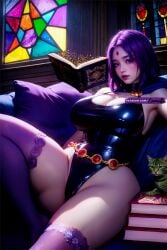 1girls ai_generated beast_boy big_breasts breasts cleavage coomette dc dc_comics feline female large_breasts purple_hair rachel_roth raven_(dc) teen_titans thick_thighs thighhighs thighs