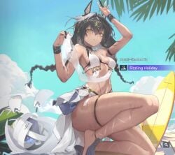 1girls 2d 2d_animation amber_eyes animated beach bikini black_hair braids cat_ears female female_focus female_only mauxir_(snowbreak:_containment_zone) olive_skin pokies small_breasts snowbreak:_containment_zone surfboard sweat tagme twin_braids twintails video